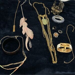 Vince Camuto Gold & White Cuff, Pink Feather Necklace, Flower Ring, & Extras